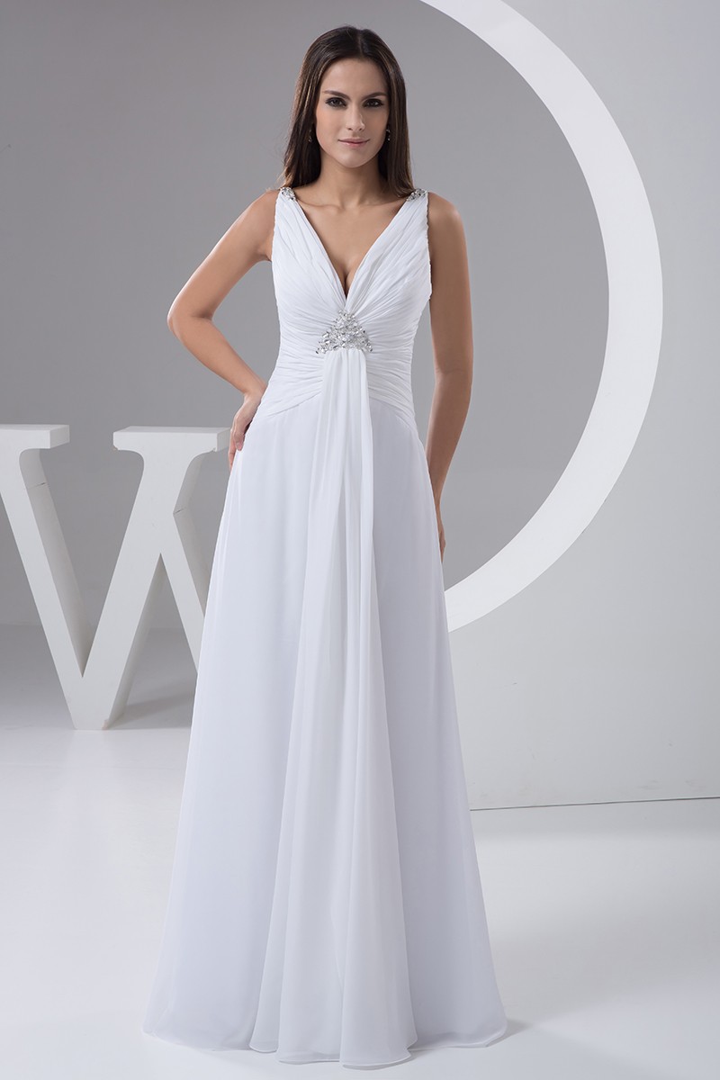 A-line V-neck Floor-length Chiffon Wedding Dress With Beading #OP4811  $146.9