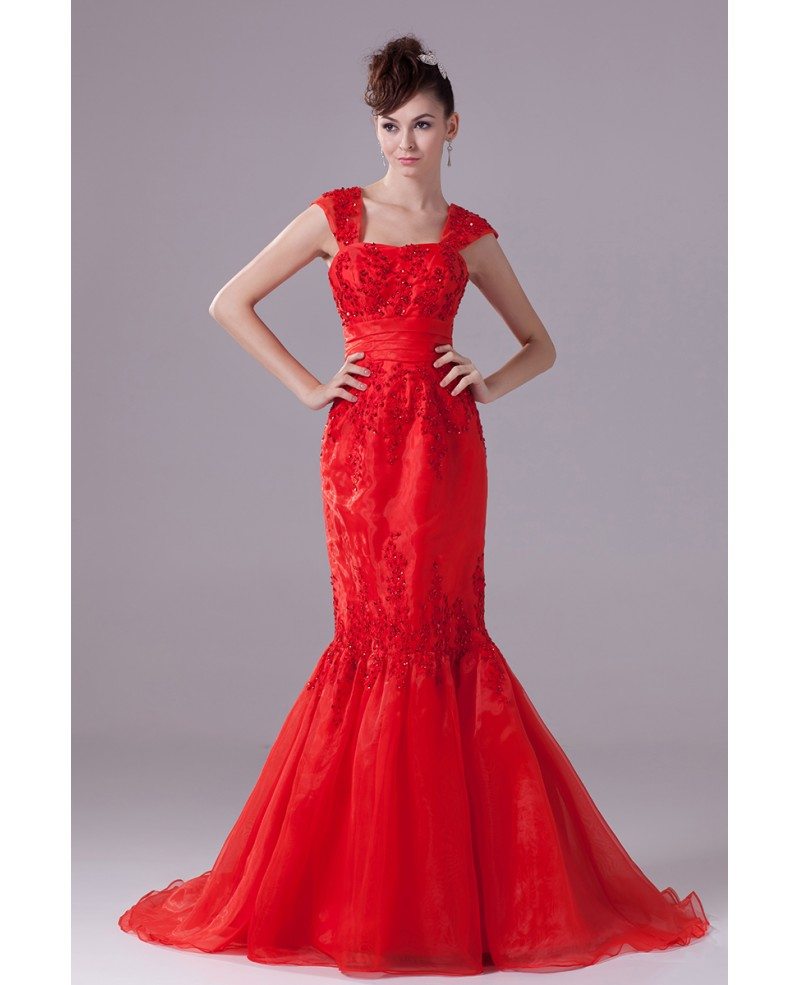 Cap Strap Mermaid Style Beaded Lace Organza Wedding Dress in Red Color  #OP4314 $197.9 