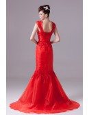 Cap Strap Mermaid Style Beaded Lace Organza Wedding Dress in Red Color