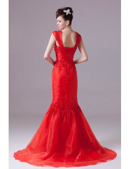Cap Strap Mermaid Style Beaded Lace Organza Wedding Dress in Red Color