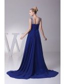 Gorgeous Dark Blue Long Chiffon Ruffled Prom Dress with Beading Straps