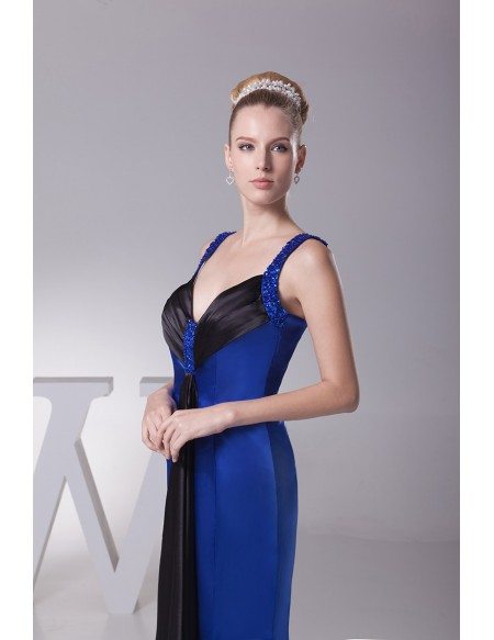 Unique Beaded Straps Long Satin Sweetheart Prom Dress in Royal Blue and Black Color
