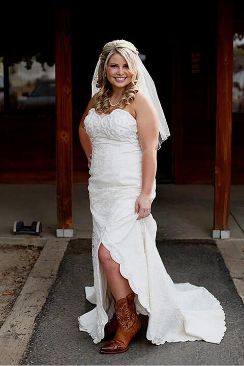 short high low wedding dress with cowboy boots